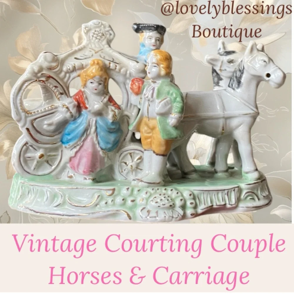 Vintage Courting Couple Horse Carriage Antique Porcelain Figurine Made in Japan